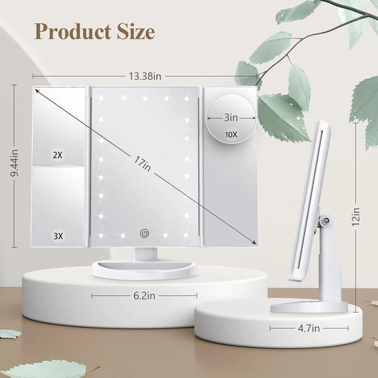 22 LED Trifold 10X Magnifying Makeup Mirror – Dual Power