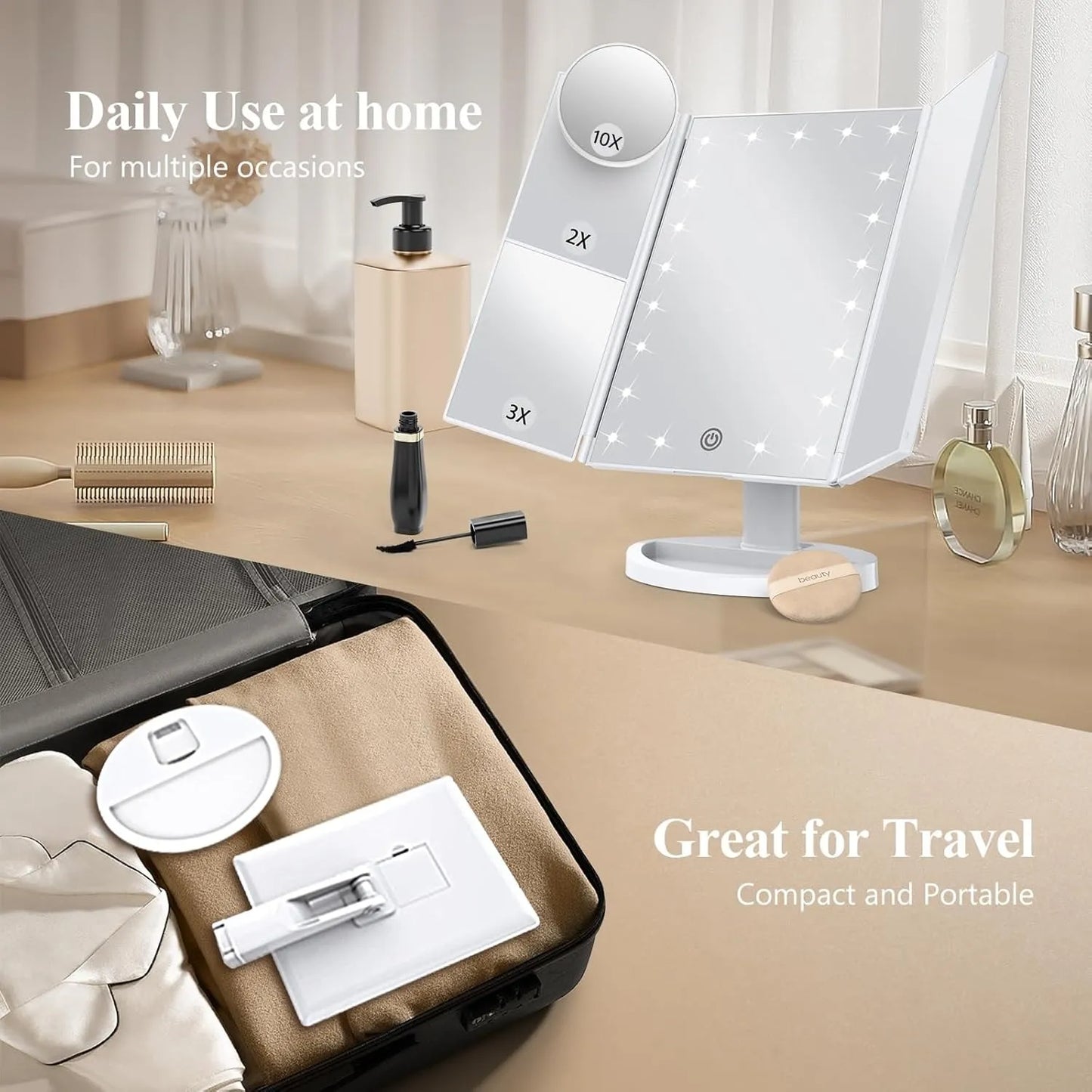 22 LED Trifold 10X Magnifying Makeup Mirror – Dual Power