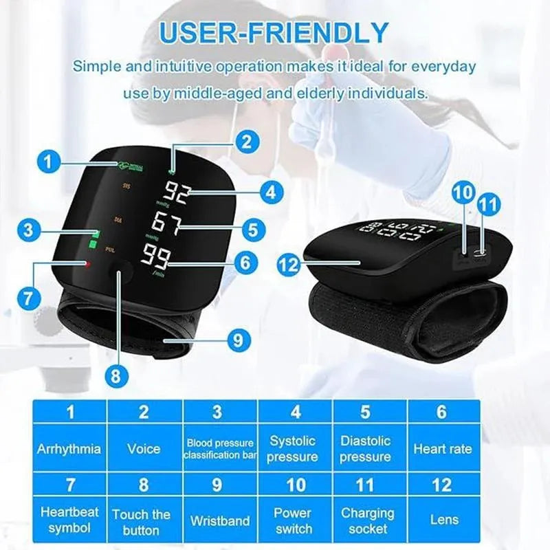 Smart Wrist Blood Pressure Monitor with Large LED Display